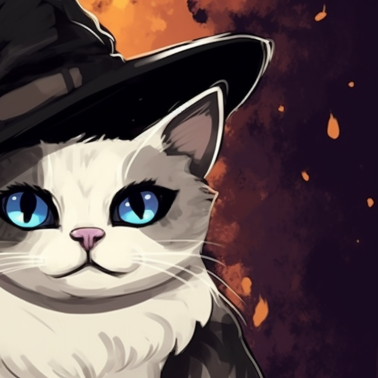 Two cat characters, bold contrast between light and shadow, intense and alluring gaze. matching halloween theme cat pfp pfp for discord.