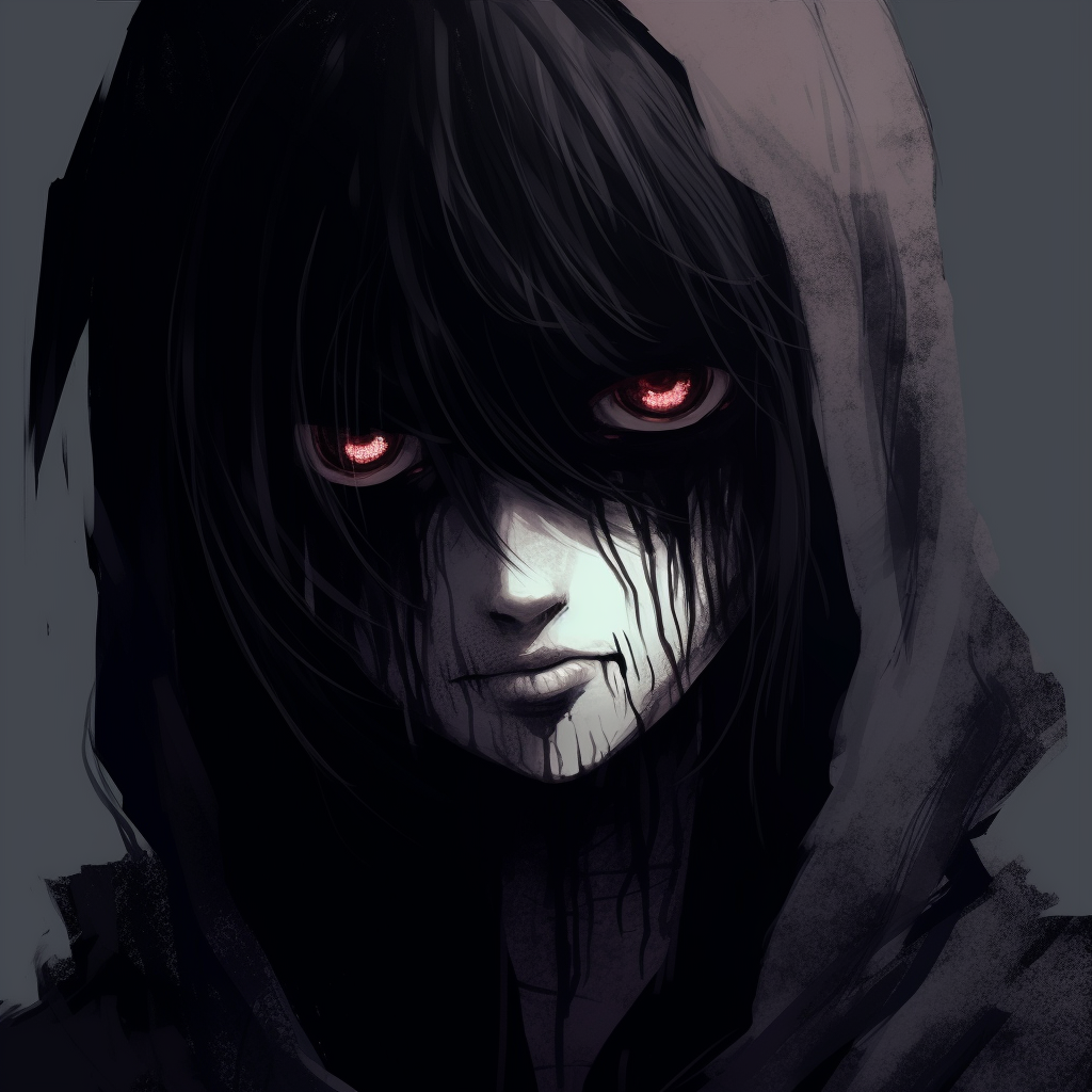 Anime profile of a dark ghoul, detailed with heavy shadows and intense eyes. gothic scary anime pfp pfp for discord.