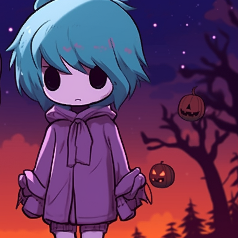 Two characters in Halloween costumes, standing bravely under a full moon, deep-blue night sky and saturated wardrobe colors. cute halloween matching meme pfp for best friends pfp for discord.