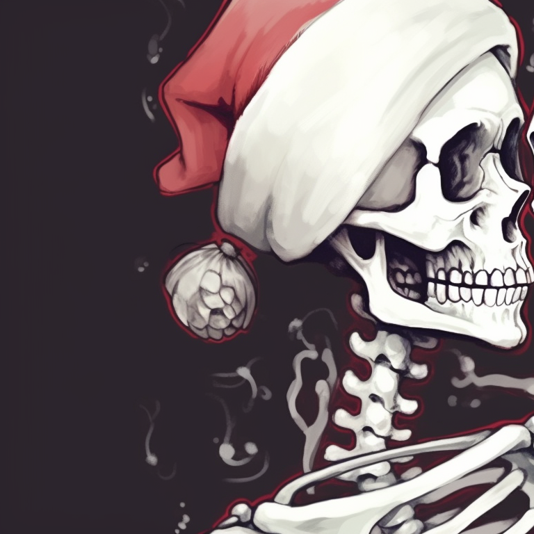 Two skeleton characters in Christmas hats, soft colors and smoky shading, sharing a kiss. cute pfps of kissing skeletons - christmas edition pfp for discord.