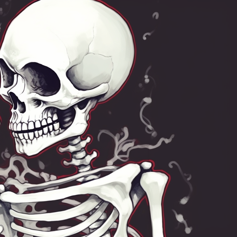 Two skeleton characters in Christmas hats, soft colors and smoky shading, sharing a kiss. cute pfps of kissing skeletons - christmas edition pfp for discord.