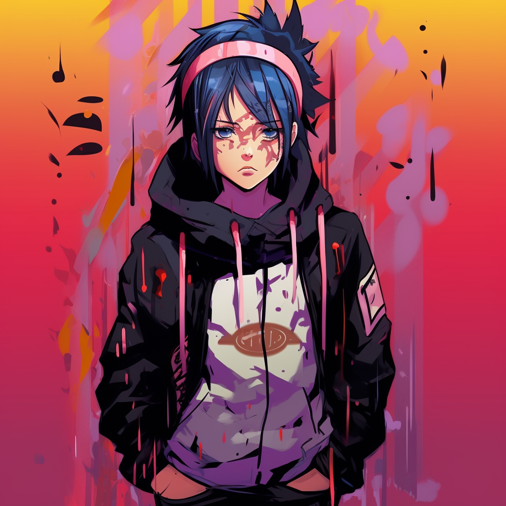 Sasuke striking a pose in drip style, dynamic composition and streetwear elements. charming drip anime characters pfp for discord.