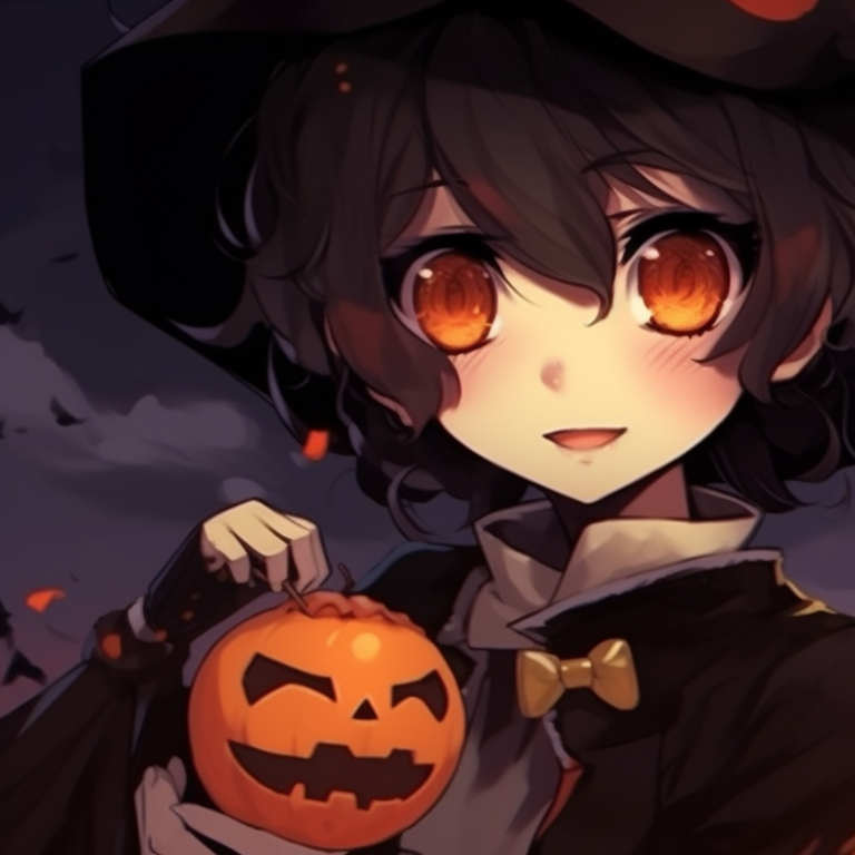 Two characters, with a backdrop of carved pumpkins, faces expressing grief. gloomy halloween - sad matching pfps pfp for discord.