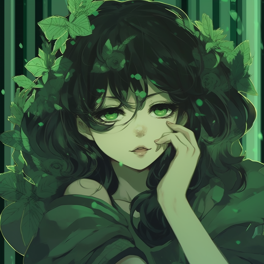 Detailed portrait of a spirit lady, her face adorned with green tattoos, detailed hair decoration and ambient lighting. compelling green anime pfp illustrations