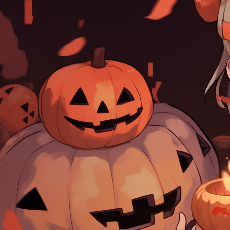 Close-up of Zenitsu and Nezuko, with Halloween accessories and bright orange backlight. halloween themed zenitsu and nezuko fanart pfp for discord.