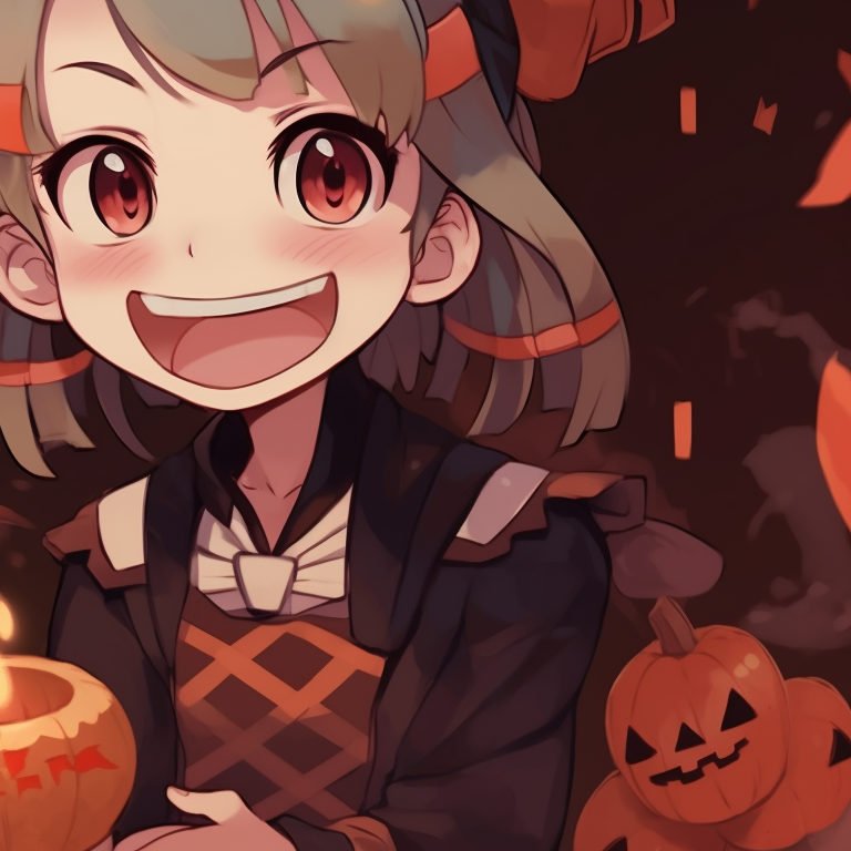 Close-up of Zenitsu and Nezuko, with Halloween accessories and bright orange backlight. halloween themed zenitsu and nezuko fanart pfp for discord.