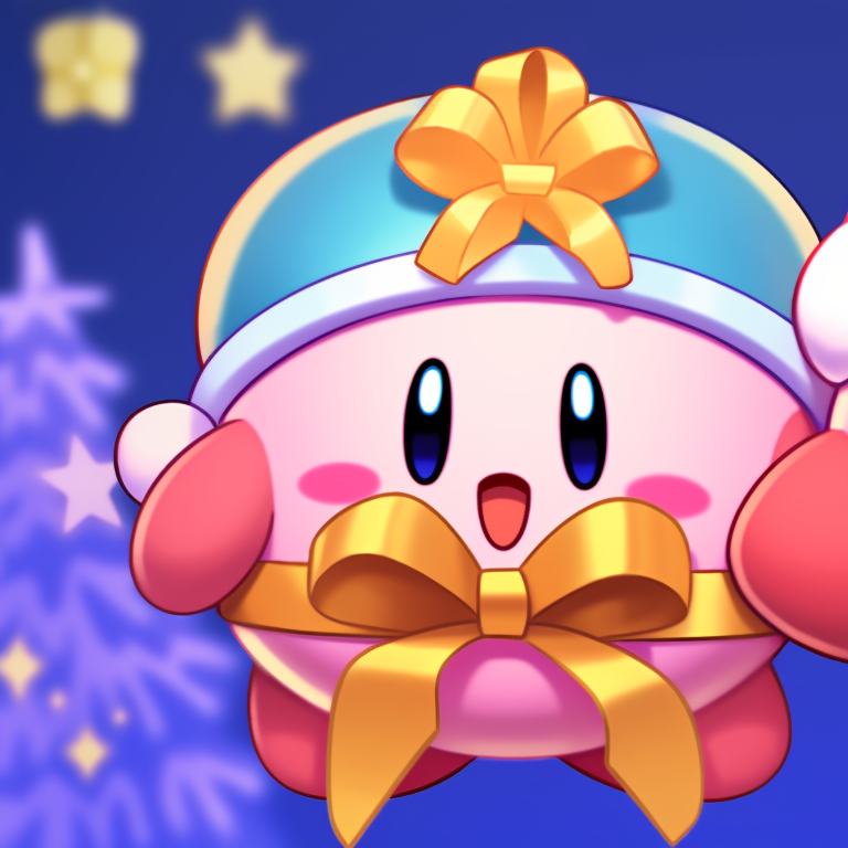 Two Kirby characters, warm Christmas colors and bubbly feature, holding presents. matching kirby christmas pfp ideas pfp for discord.