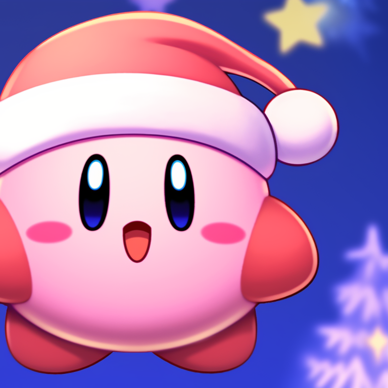 Two Kirby characters, warm Christmas colors and bubbly feature, holding presents. matching kirby christmas pfp ideas pfp for discord.