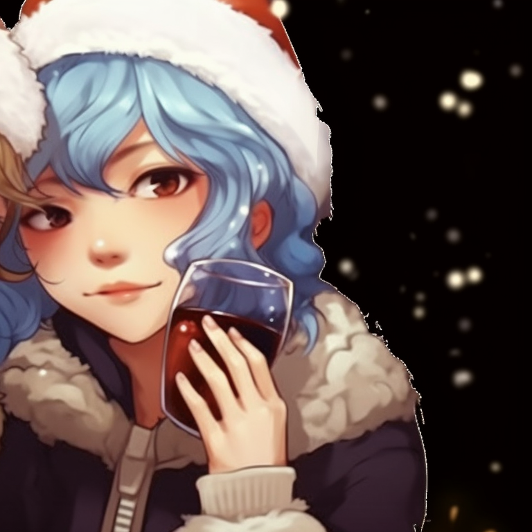 Two characters with scarves, gentle colors and comfortable outfits, holding hot cocoa mugs. joyful matching christmas pfp felix pfp for discord.