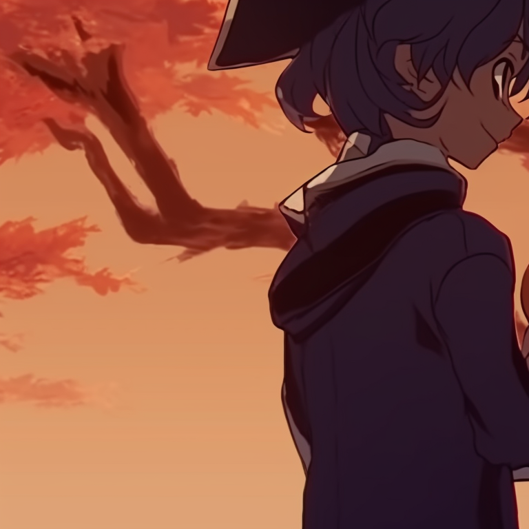 Two characters standing under a tree with falling leaves, detailed clothing and warm autumn colors. anime inspired thanksgiving matching pfp halloween theme pfp for discord.