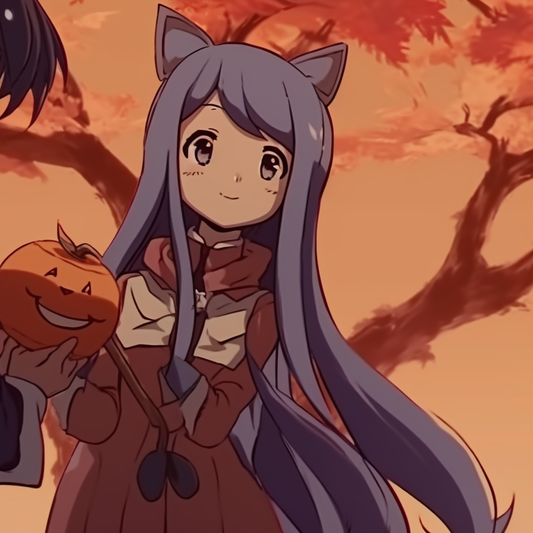 Two characters standing under a tree with falling leaves, detailed clothing and warm autumn colors. anime inspired thanksgiving matching pfp halloween theme pfp for discord.