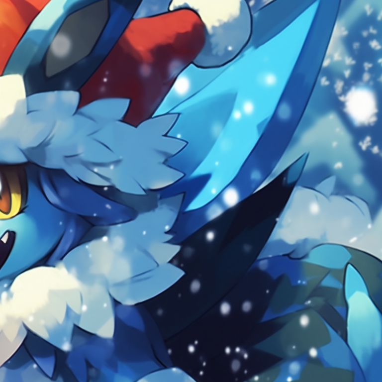 Lucarios in front of a fireplace, glowing embers lending a warm hue to the scene. lucario christmas avatar pairs pfp for discord.