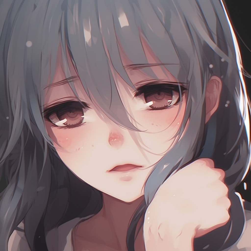 An anime character in rain, focus on reflection detailing and use of greyscale. variety of sad anime pfp pfp for discord.