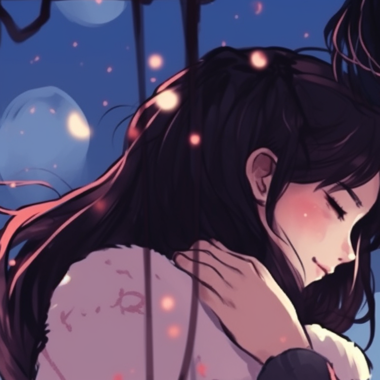 Two characters under a starry sky, sparkly eyes and blushing faces. perfect matching pfp for couples pfp for discord.