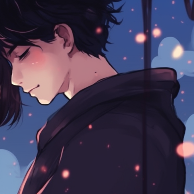 Two characters under a starry sky, sparkly eyes and blushing faces. perfect matching pfp for couples pfp for discord.