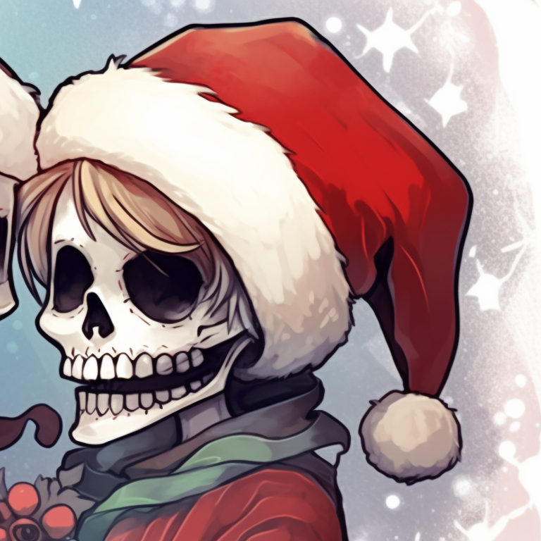 Two lovers in skeletal form sharing a romantic Christmas moment, with deep shadow work and a contrasting bright background. santa skeletons - matching christmas pfp, kissing style pfp for discord.