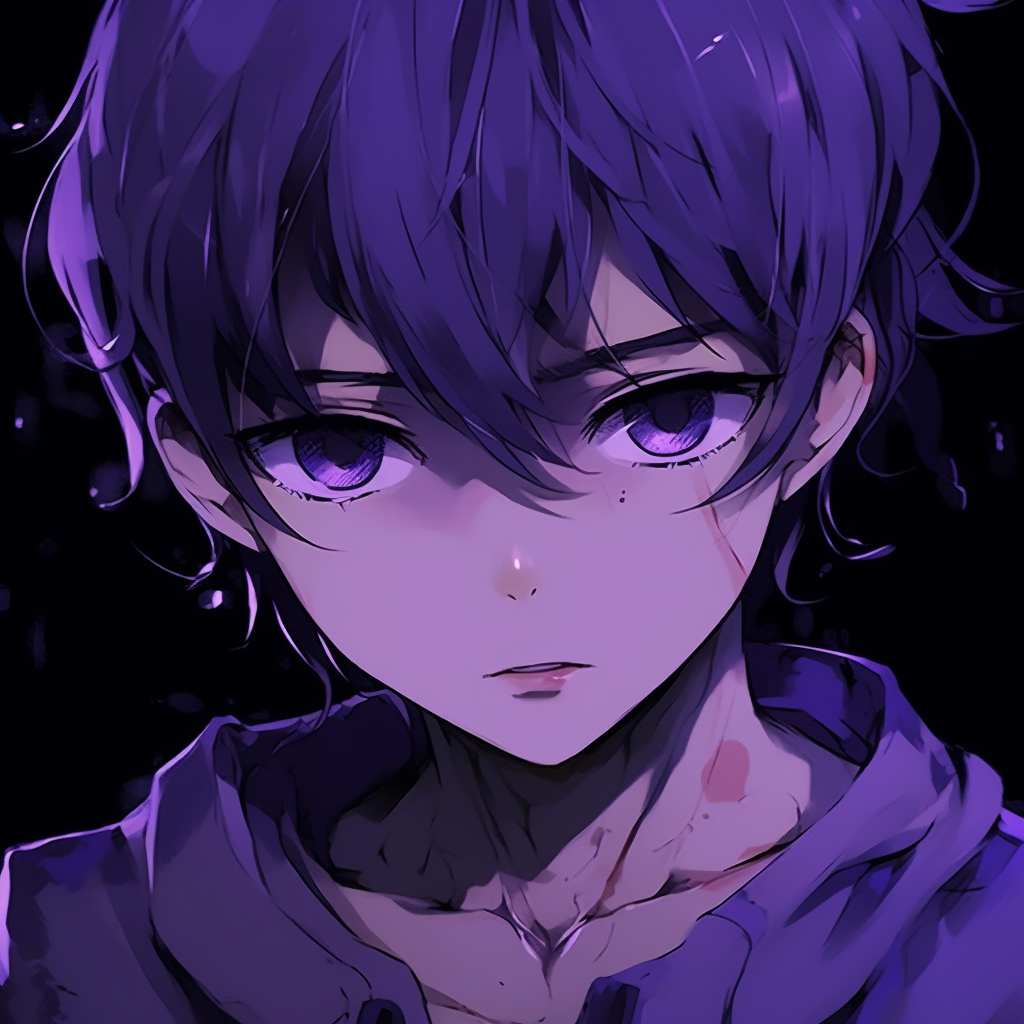 Striking anime persona, emphasized by the intense purple stare, clear outlines and luminous colors. eye-catching purple anime boys