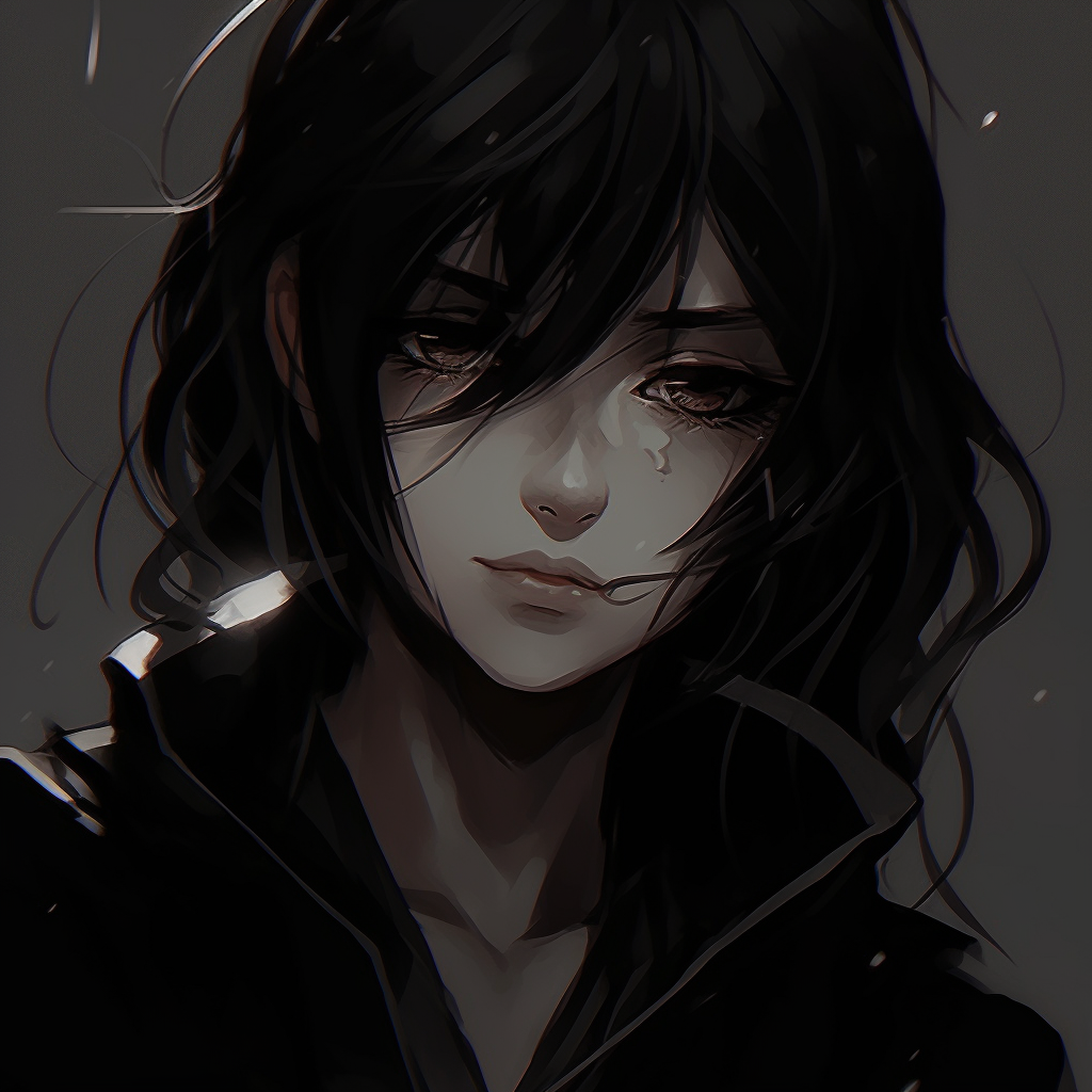 Female protagonist depicted in a dark setting, attention to detailed outfit. anime pfp dark highlighting female characters pfp for discord.