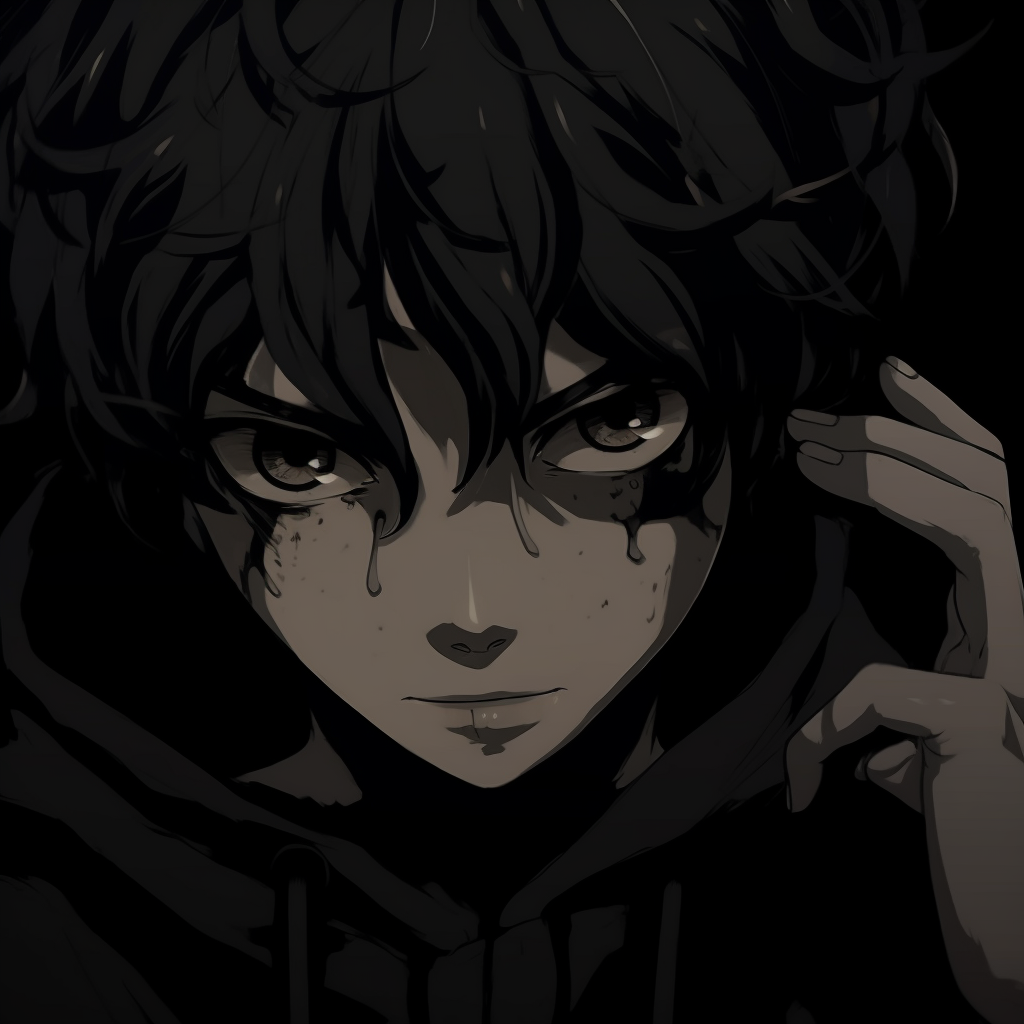 A depiction of a male anime character in a brooding pose, stress on the shadows and black aesthetic. anime black aesthetic pfp pfp for discord.