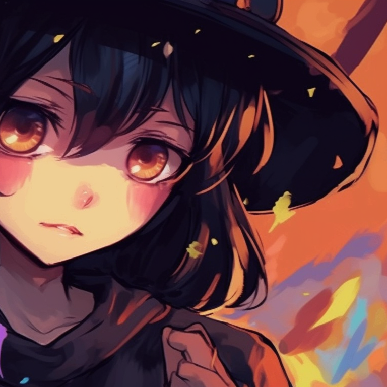 Two characters in witch costumes, vibrant hues and whimsical setting. unique girl's matching pfp pfp for discord.