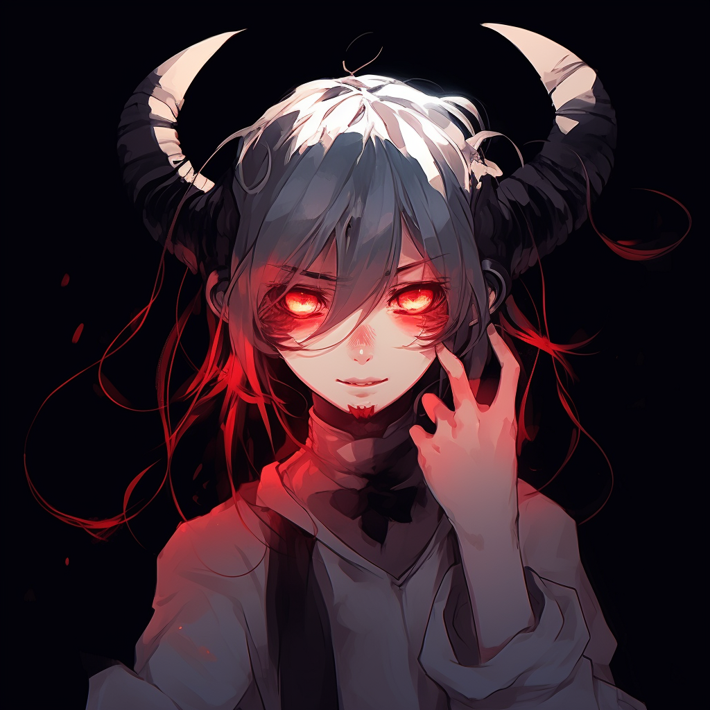 Girl with demon horns and glowing eyes, gothic style and deep colors. girls' demonic anime pfp pfp for discord.