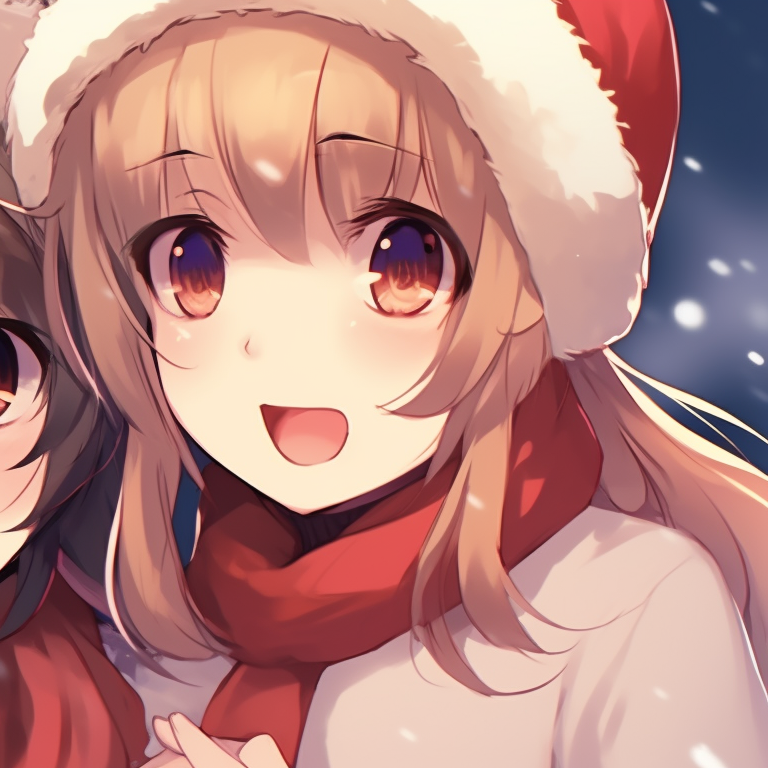 Two anime girl characters, warm hues and fluffy snowflakes, holding a Christmas wreath. cutest matching christmas anime pfp girls pfp for discord.