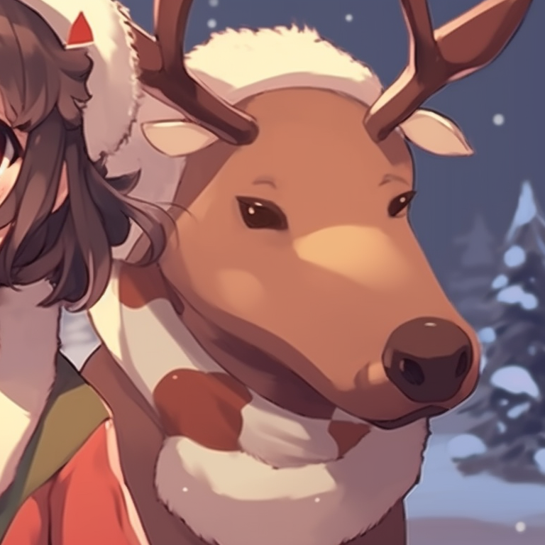 Two characters with playful reindeer antlers, in a snowy forest backdrop. holiday themed matching christmas pfp for discord pfp for discord.