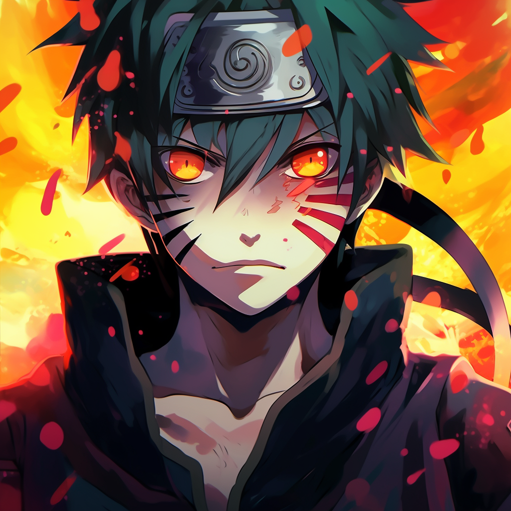 Fiery chakra enveloping Naruto, dramatic portrayal expressing strong determination, vibrant art style. male fire anime pfp