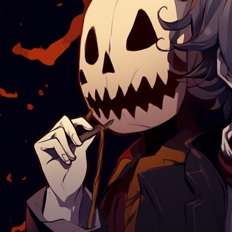 Two characters in eerie disguises, brightly colored details on a dark, moody background. iconic movie character matching meme pfp halloween theme pfp for discord.