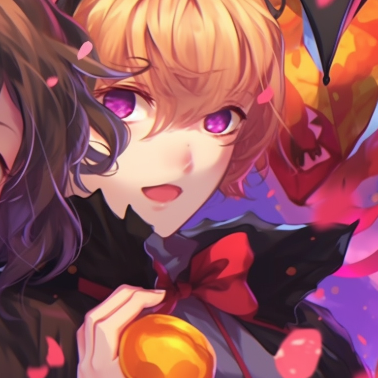 Two characters with Pumpkin motifs, warming and light color tones. pinterest ideas for matching couples pfp halloween theme pfp for discord.