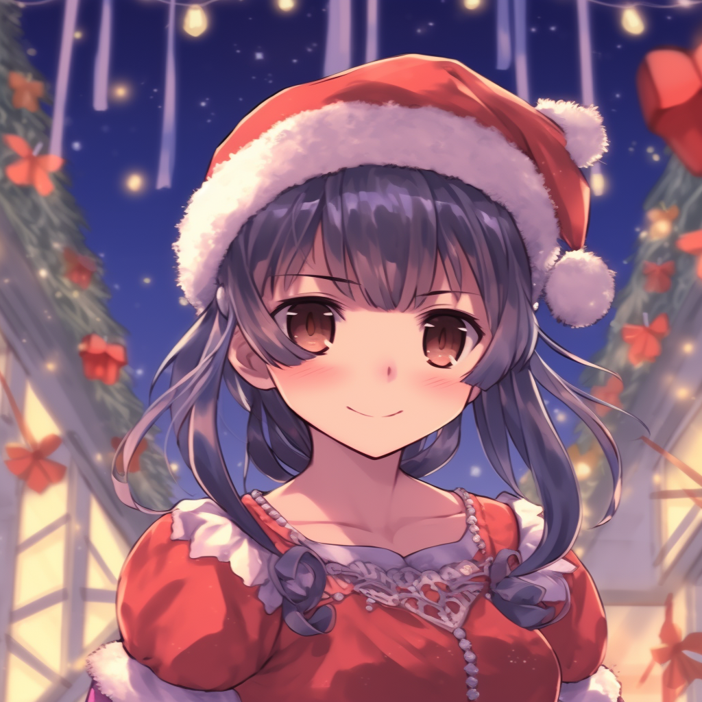 A heartwarming anime girl image, an infectious smile spreading across her face, in an aesthetically pleasing winter setting. anime girl christmas pfp