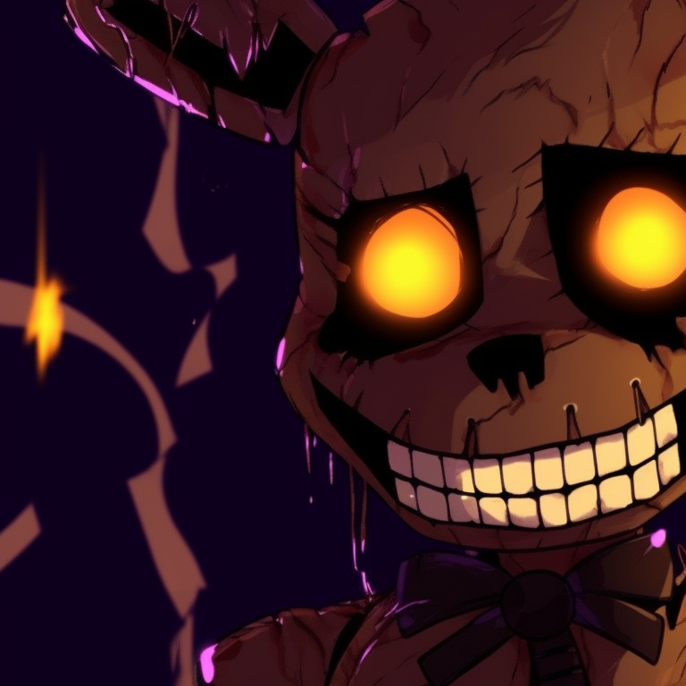 Two FNAF characters, detailed metallic textures and a bleak gothic palette, set in a shadowy backdrop. fnaf pfp halloween designs pfp for discord.