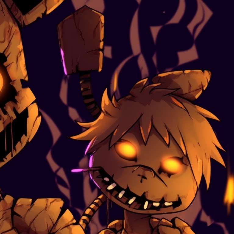 Two FNAF characters, detailed metallic textures and a bleak gothic palette, set in a shadowy backdrop. fnaf pfp halloween designs pfp for discord.
