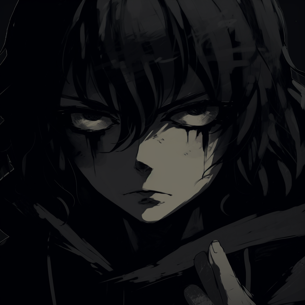 Detail-focused illustration of an anime character featured with a blend of dark colors and obscure visibility. anime pfp dark with mysterious themes pfp for discord.