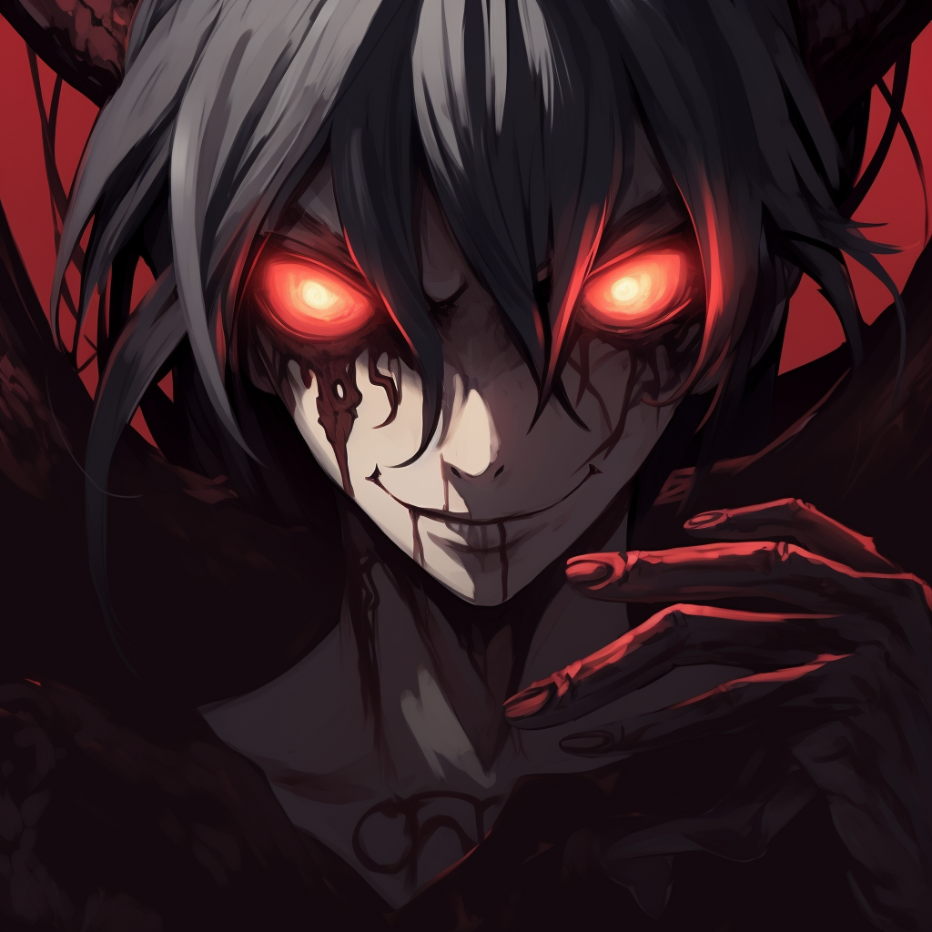 Extreme close-up of a demon's slitted eyes, detailed linework and glowing effects. demonic anime pfp concepts pfp for discord.