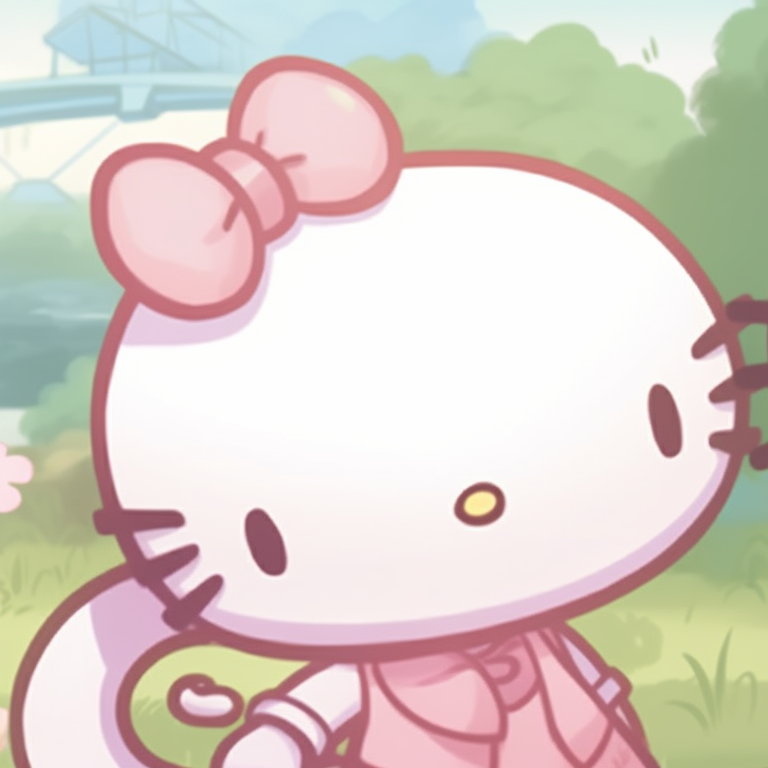 Two Hello Kitty characters in an outdoors setting, showcasing soft pastel colors and frequent use of shapes. aesthetic hello kitty pfp matching pfp for discord.