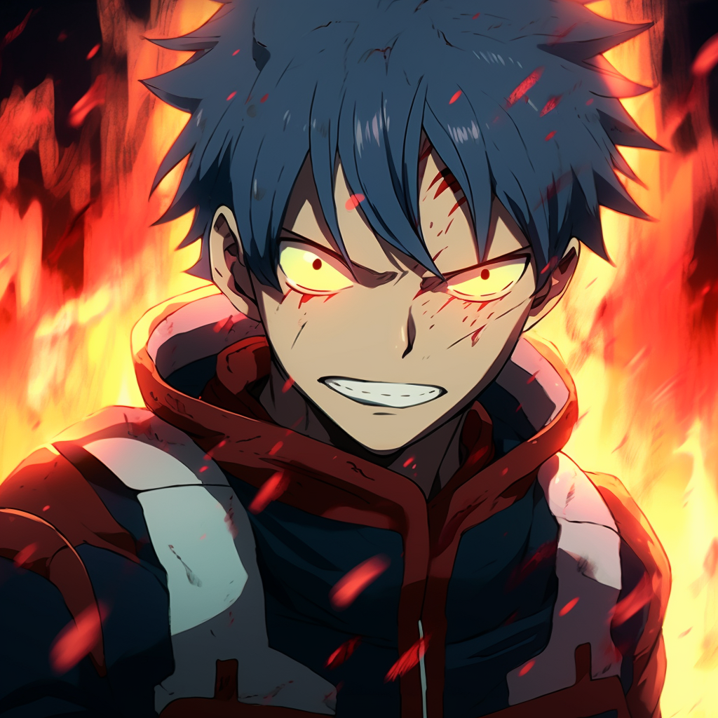 Close up of Todoroki showing his fire side, bright red hues and flames fire anime pfp hd quality