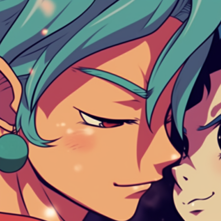 Close-up of Bulma and Vegeta toasting, high contrast and vivid details. christmas dragonball lovers bulma and vegeta matching pfp pfp for discord.