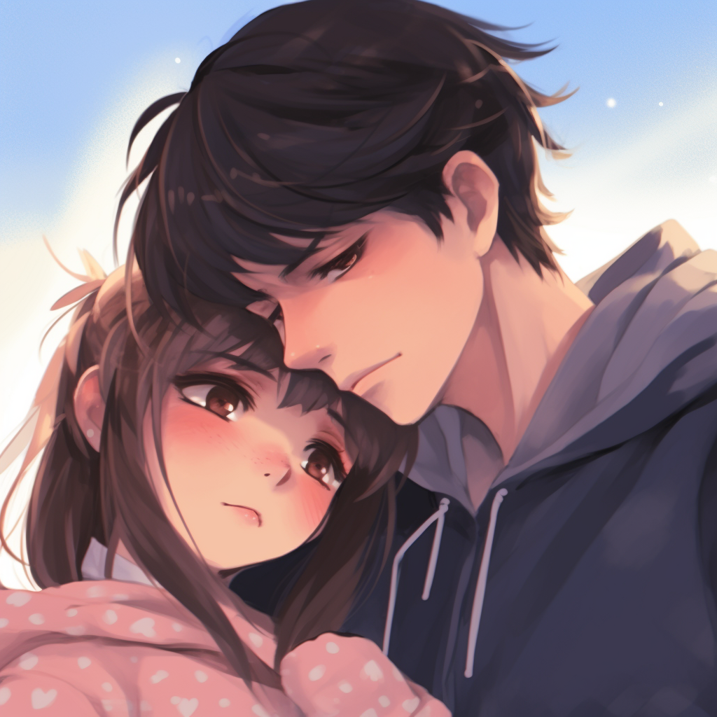 A cute anime couple enjoying snowfall, beautifully painted winter backgrounds and vivid contrasts. cute anime couple pfp