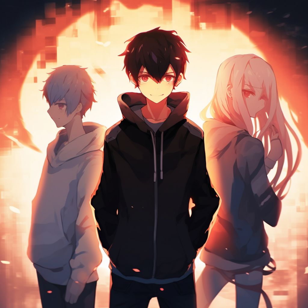 Silhouette of an anime boy trio at sunset, showcasing the sunset colors and the characters' outlines. anime pfp boy trio pfp for discord.