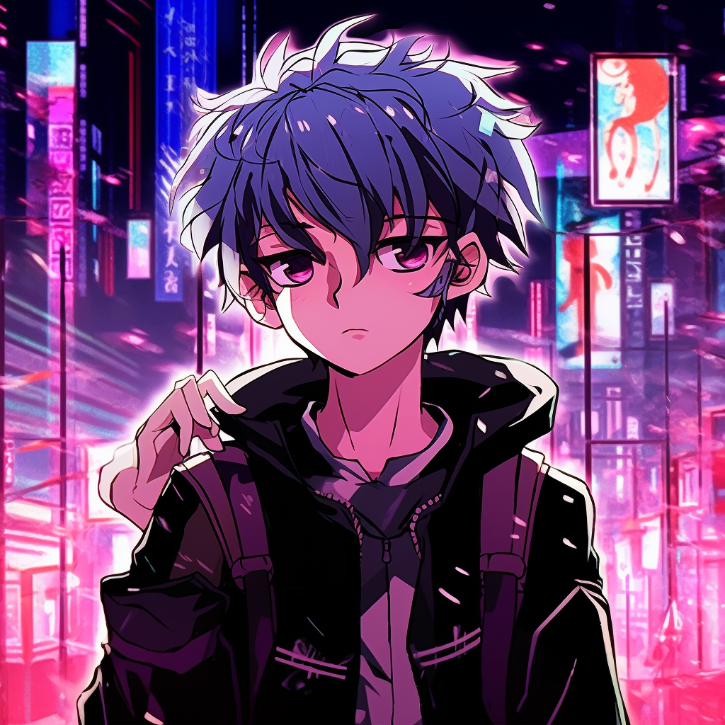 Anime boy in a Neo-Tokyo setting, vibrant neon lights and strong outlines. unique aesthetic anime pfp