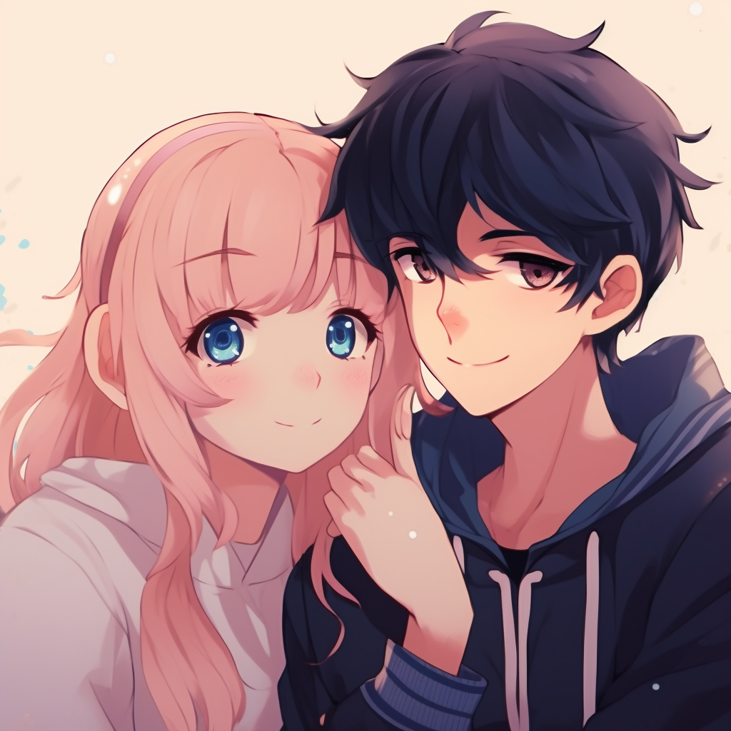 Casually dressed anime couple, light and airy color palette with relaxed pose. animated matching couple pfp