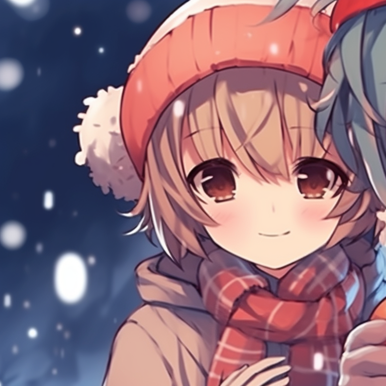 Two characters enjoying candy canes, vibrant colors and holiday spirit. festive matching anime christmas pfp pfp for discord.