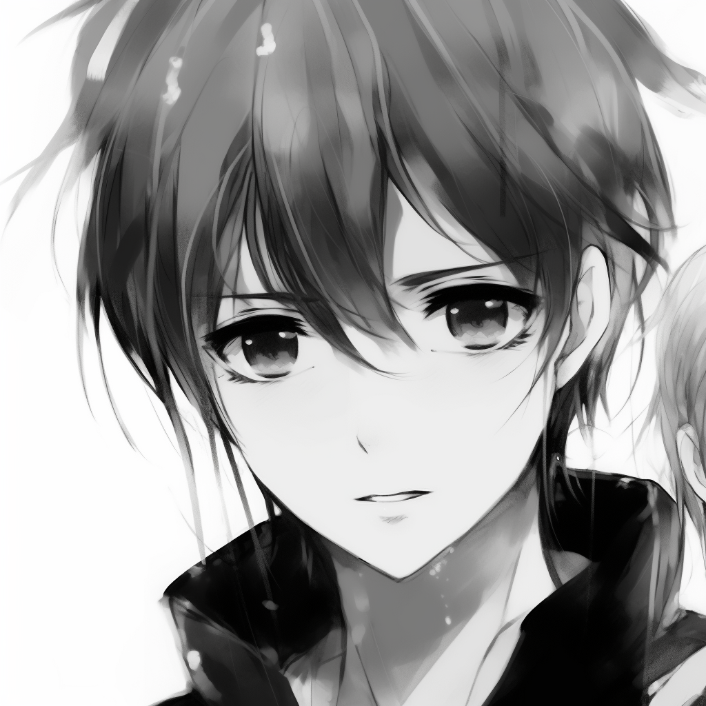 A noir-styled anime male profile picture having deep shadows, highlighting character's intense gaze. anime profile picture black and white male
