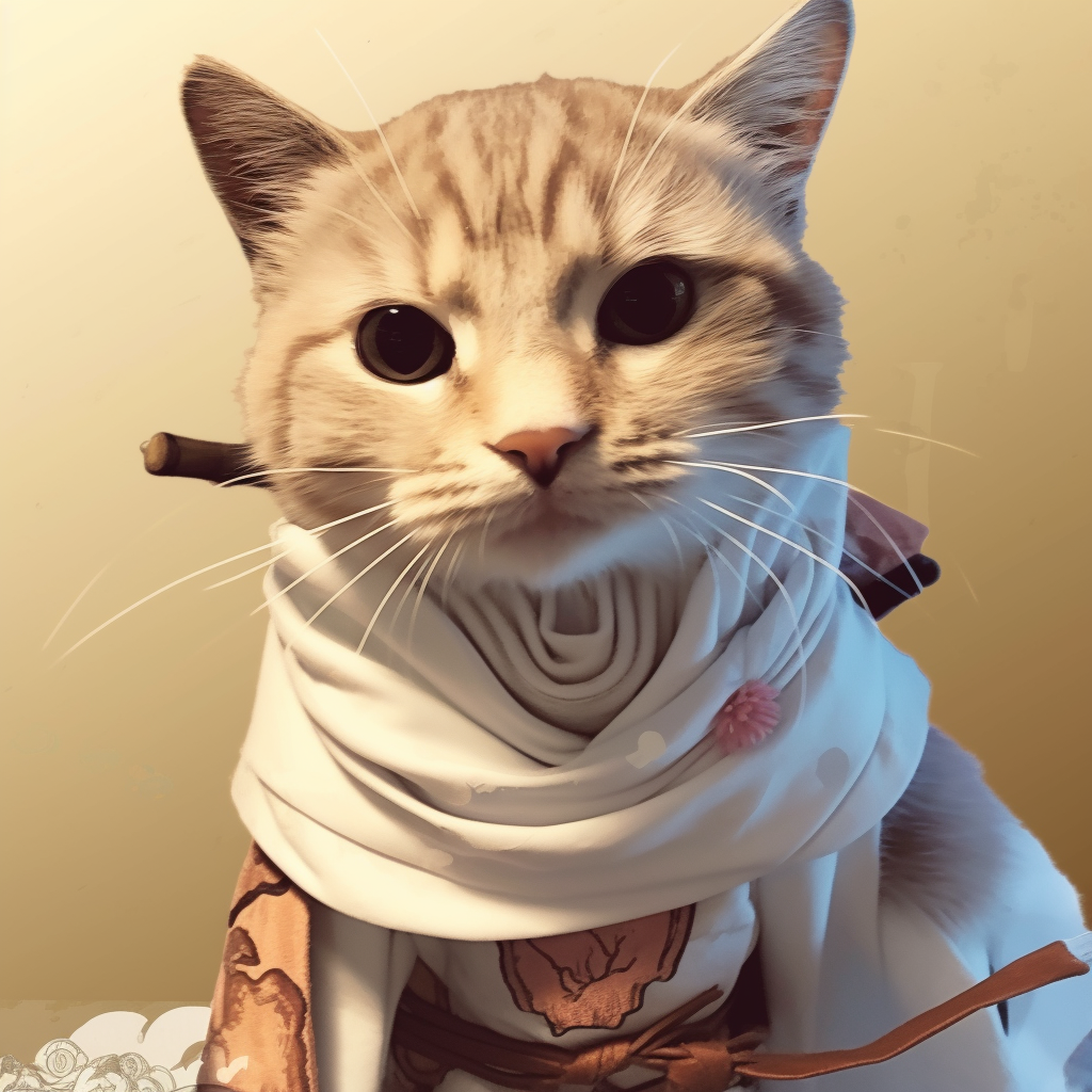 Humorous depiction of a kitten warrior, dynamic composition with playful patterns. humorous animal pfp
