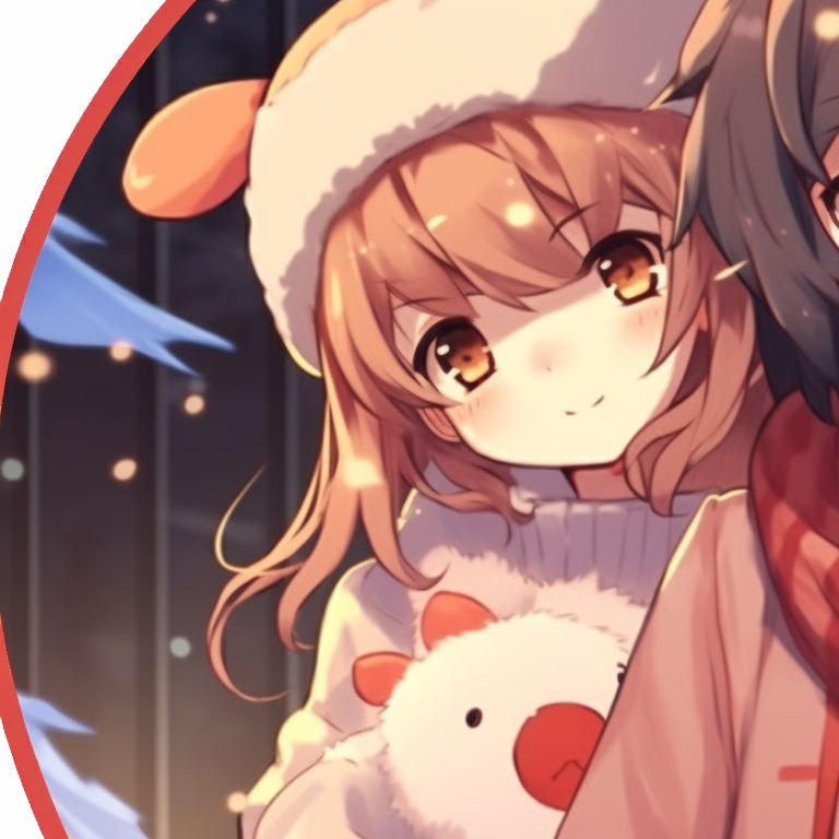 Two anime characters in Santa and reindeer outfits, playful expressions and vivid color scheme. stunning matching christmas cartoon pfp collections pfp for discord.