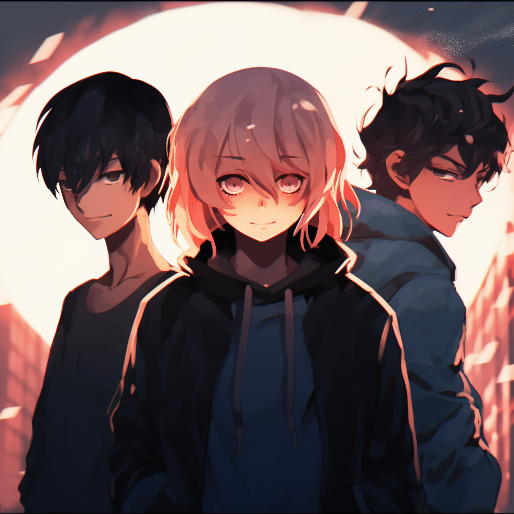 Anime boy trio under the moonlight, highlighting the soft moonlight shadows and unique character profiles. anime pfp boy trio pfp for discord.