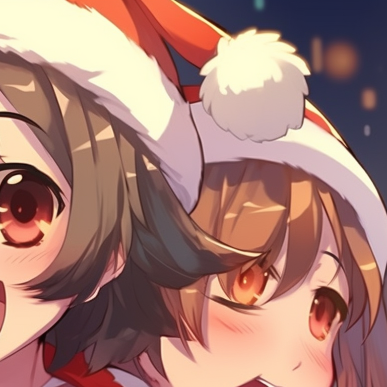 Two characters, bright color palette, both wearing Santa hats, cheerfully interacting. eye-catching matching christmas pfp for discord pfp for discord.