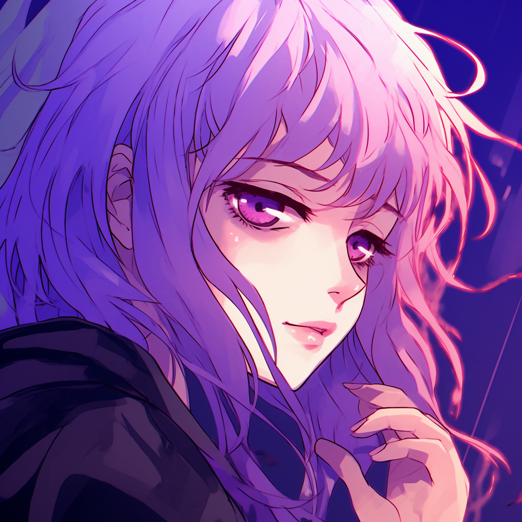 Profile picture of an anime girl with vibrant violet hair, distinct shapes and style. purple anime character pfps pfp for discord.