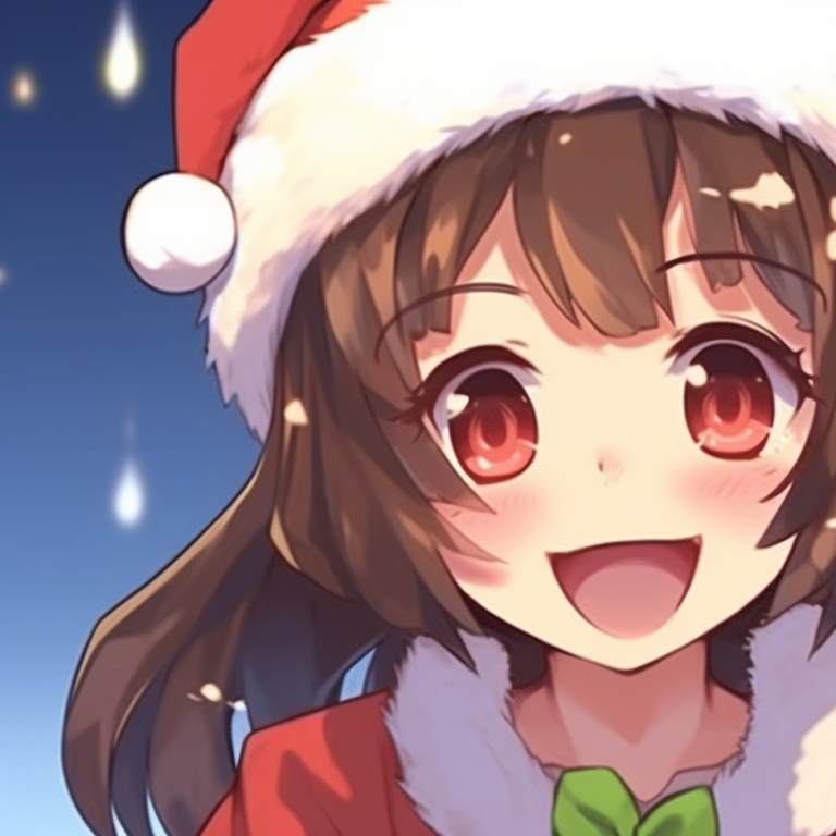 Close-up of two characters in a snowy backdrop, smiling at each other, with Christmas lights in the background. eye-catching matching christmas pfp for discord pfp for discord.